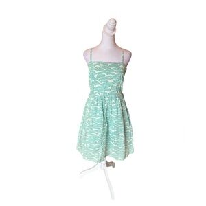 LL Bean Signature Bird Print Cotton Sun Dress Womens Size 4 NEW Aqua White